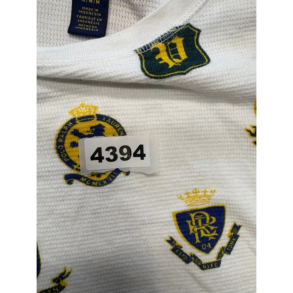 Polo Ralph‎ Lauren White Crest All Over Print Thermal Long Sleeve Sleep Shirt M